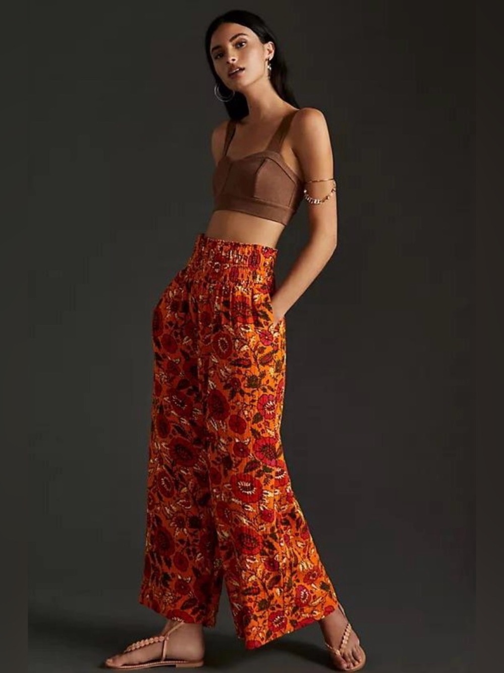 Anthropologie smocked gauzy Red-Orange Floral Wide-Leg Pants